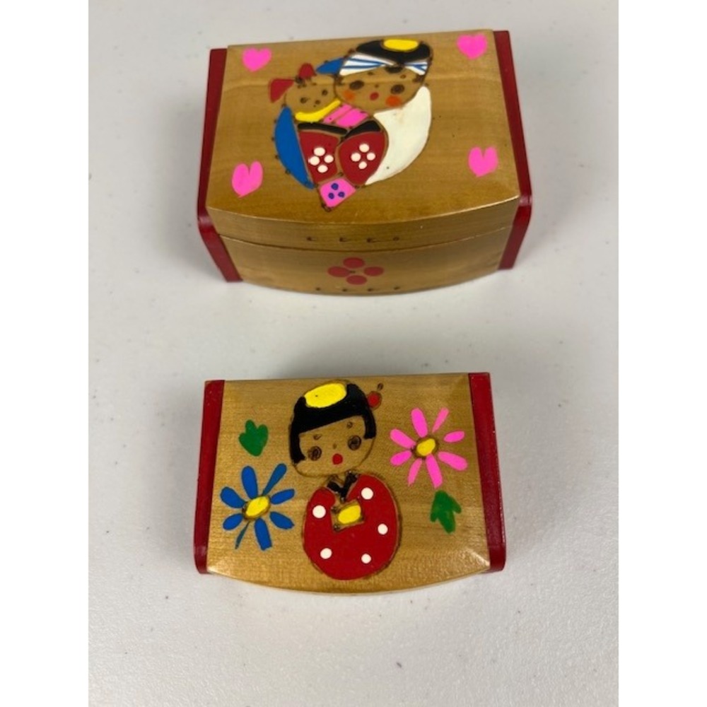 Vintage 1970 Japanese Kokeshi Doll Wooden Trinket Boxes Set of 2 with Mirrors